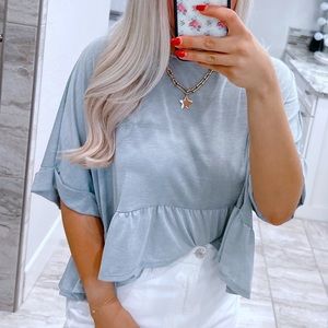 peach love green/blue ruffle trim cuffed sleeve peplum top